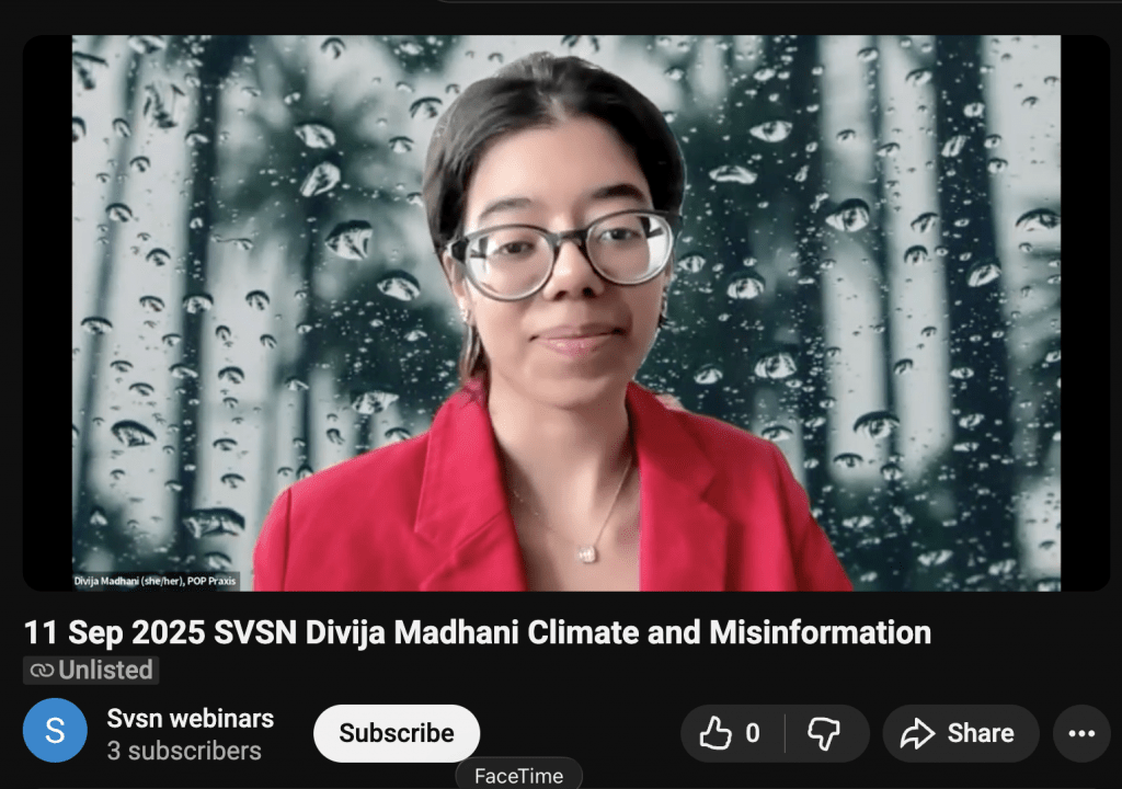 Divija Madhani presenting a webinar on climate misinformation for the South Vancouver Seniors Network.