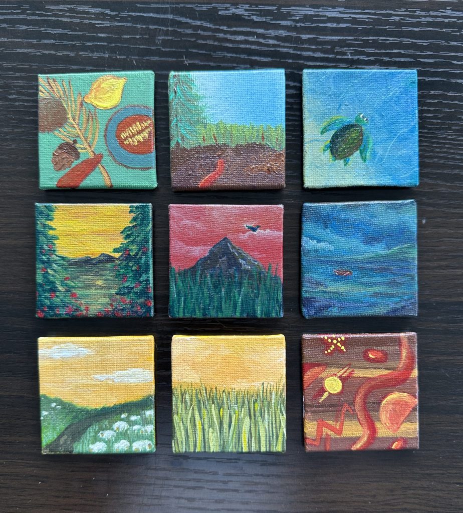 Grid-like display of nine square mini-canvas paintings.
